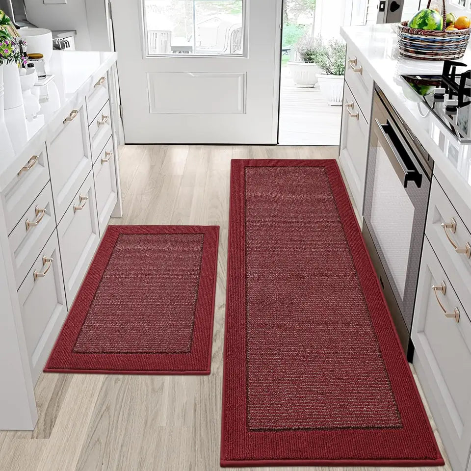 Solid Colored Bordered Long Kitchen Rug Sets
